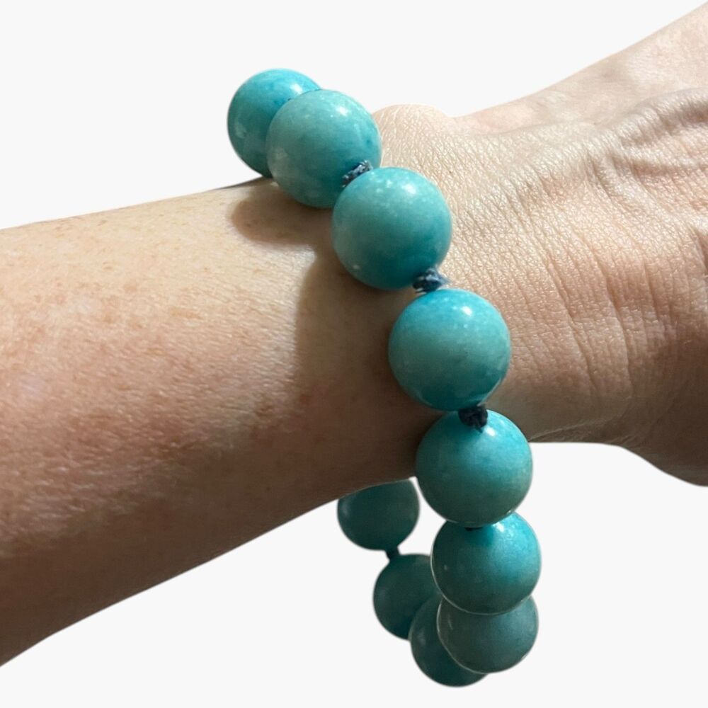 VTG Round Gemstone Bead Bracelet Turquoise Blue Dyed Stone Chunky Hand Knotted